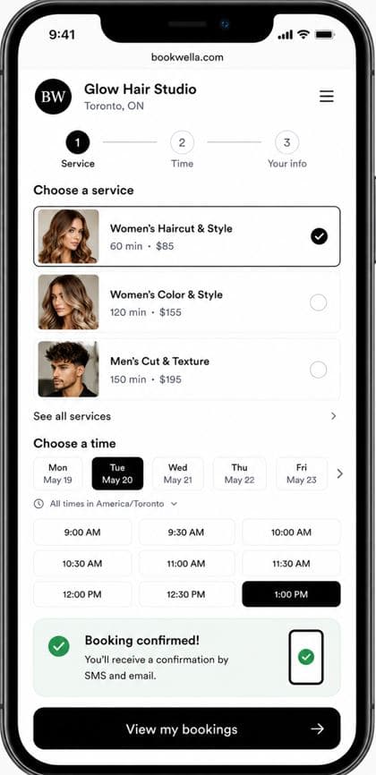 Bookwella mobile booking page for client appointments